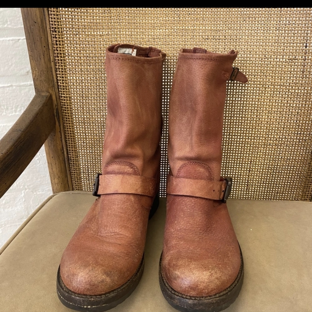 Frye || Veronica Shortie Harness Boots Mid Calf Burnt Rust Red - Picture 2 of 10